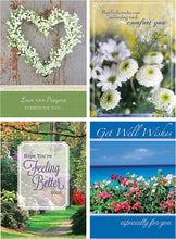 Load image into Gallery viewer, 98641 - Religious Get Well Soon Card Set with Envelopes, 12 Cards, 4.75&#39;&#39; W x 6.5&#39;&#39; H, Floral and Landscape Photography 12 cards with 4 assorted designs and KJV Scripture.