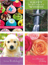 Load image into Gallery viewer, 98639 - Religious Birthday Card Assortment Box Set with Envelopes, 12 Cards, Cupcake, Waterfall, Puppy, and Floral Photography