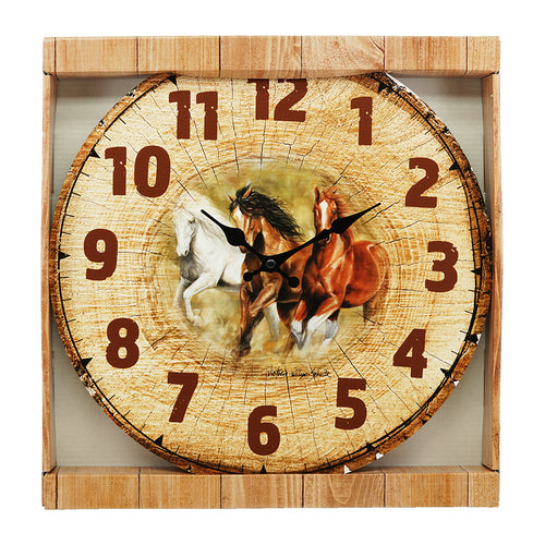 40112 - WOODEN CLOCK - WILD HORSES