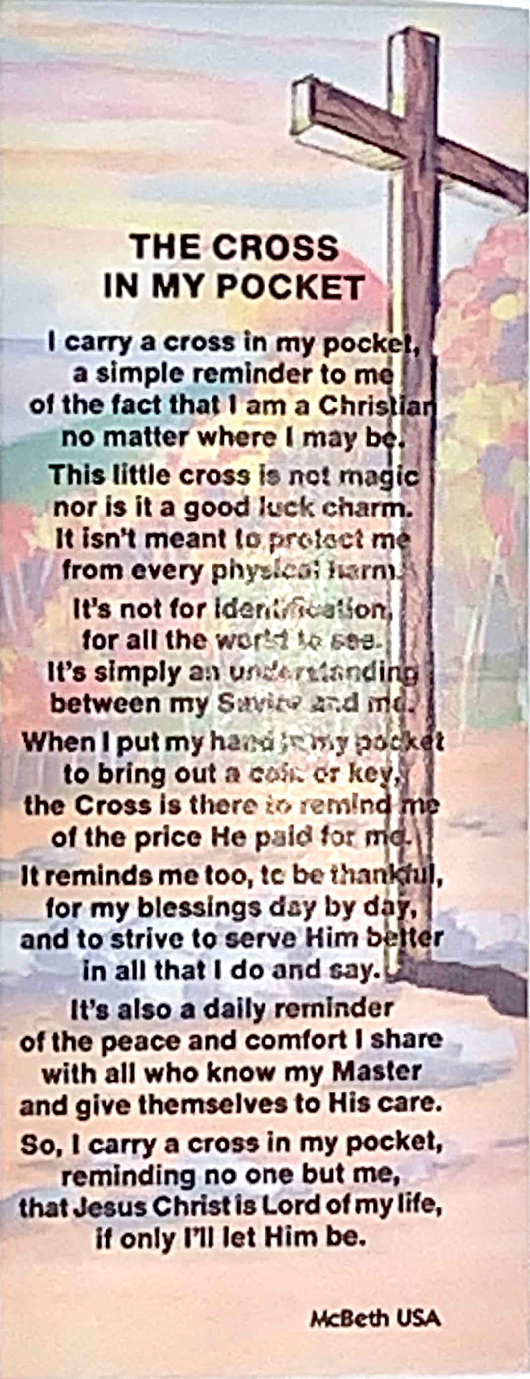 91682 - BOOKMARK - CROSS IN MY POCKET (100PK) – McBeth Corporation for Free Printable Cross In My Pocket Poem